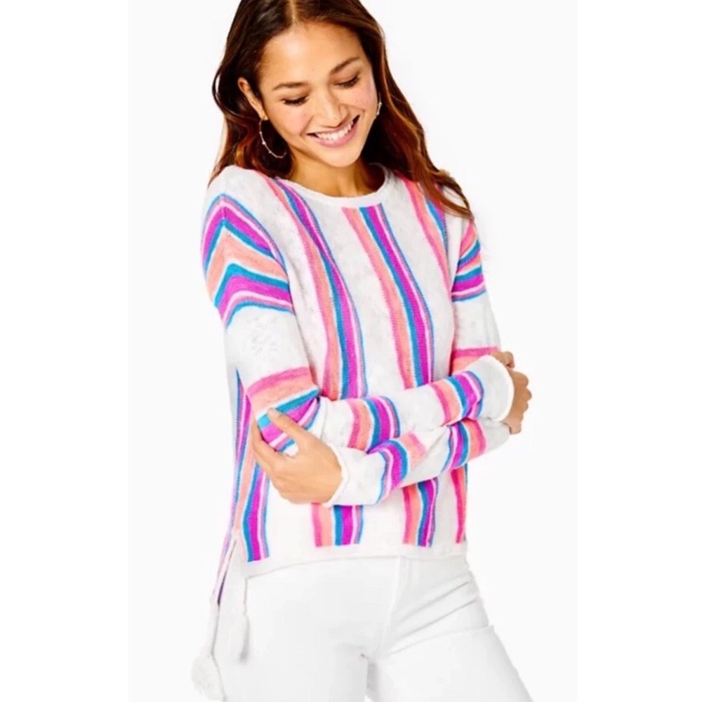 Lilly Pulitzer Striped Lightweight Sweater XXL Pink Blue Tassel Fringe Boho
